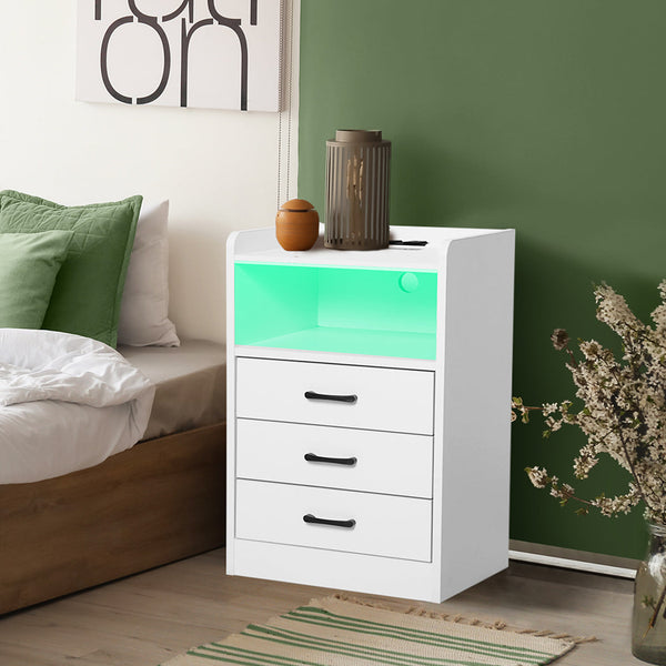Levede Bedside Table Usb Charger Outlet Led White Bedside Tables