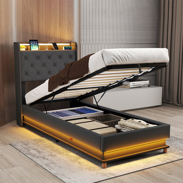 Levede Single Bed Frame Gas Lift Storage Led Light Usb Single Bed Frames