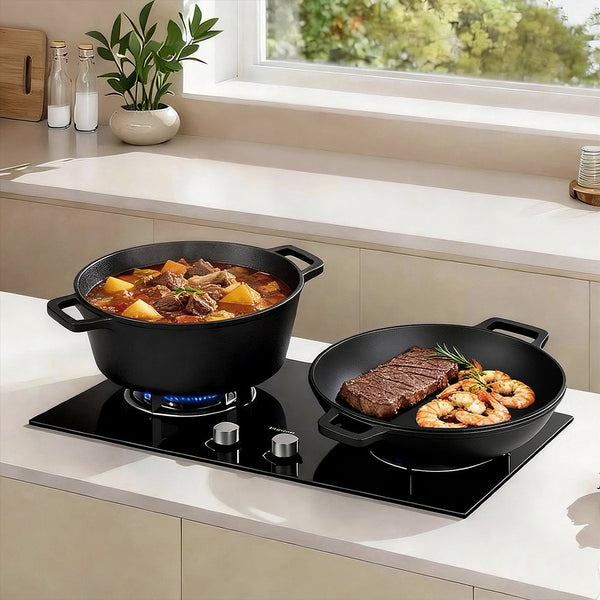 Toque 5.84L Double Dutch Oven 2 In 1 Cast Iron Pan Black Saucepans & Stockpots
