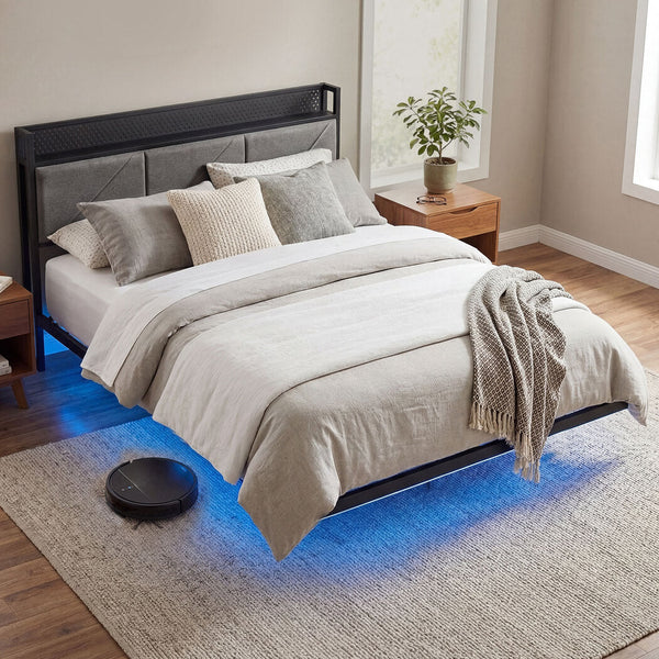 Levede Double Floating Bed Frame With Led Usb Storage Headboard Dark Grey Double Bed Frames