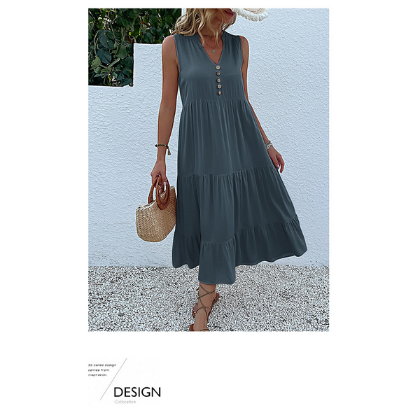 Light Blue Flowy Sleeveless Midi Dress Solid Sundress With Decorative Buttons Size Dresses