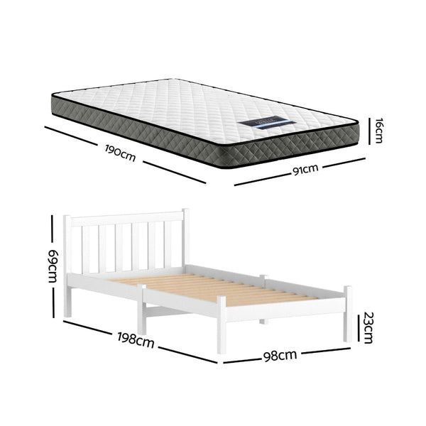 Artiss Giselle Single Bed Frame & 16Cm Mattress Set White Pine Single Bed Frames