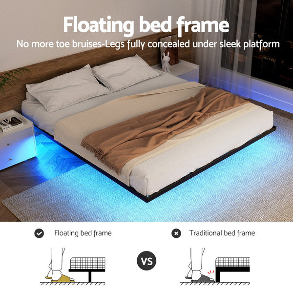 Artiss Double Bed Framefloating Metal With Smart Led Lights Sturdy Platform Base Silent Design Tool Free Assembly 300Kg Capacity For Home/Hotel/Master