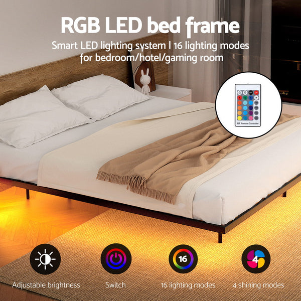 Artiss Double Bed Framefloating Metal With Smart Led Lights Sturdy Platform Base Silent Design Tool Free Assembly 300Kg Capacity For Home/Hotel/Master