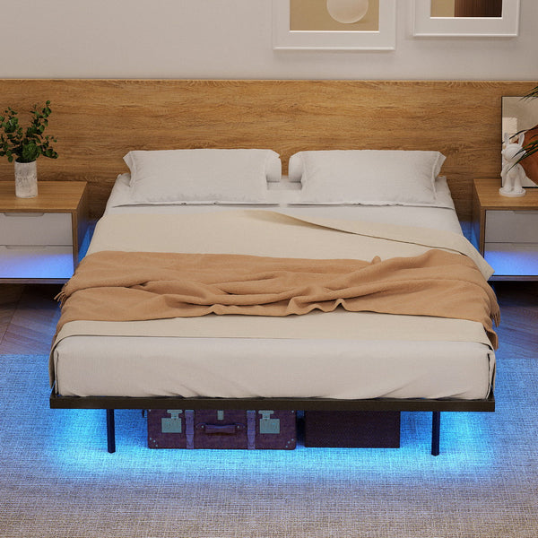 Artiss Double Bed Framefloating Metal With Smart Led Lights Sturdy Platform Base Silent Design Tool Free Assembly 300Kg Capacity For Home/Hotel/Master