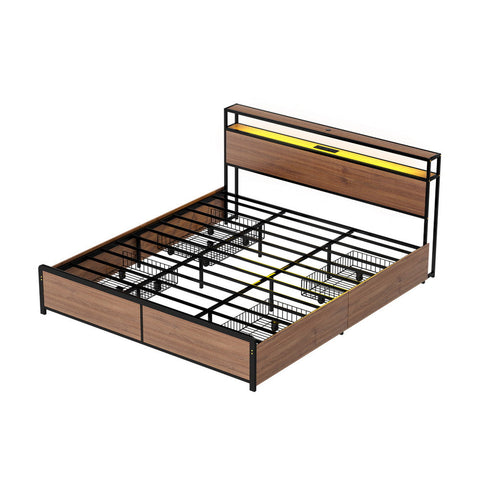 Artiss Metal Bed Frame King Size With 2 Tier Storage Headboard Metal Platform With 4 Storage Drawers Built In Charging Station & Led Noise Free/Metal