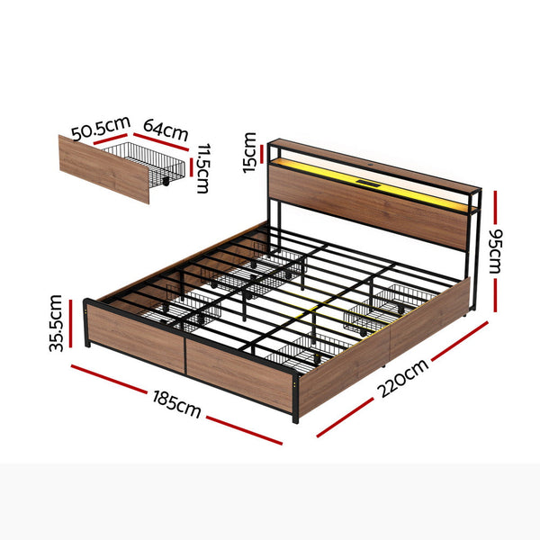 Artiss Metal Bed Frame King Size With 2 Tier Storage Headboard Metal Platform With 4 Storage Drawers Built In Charging Station & Led Noise Free/Metal
