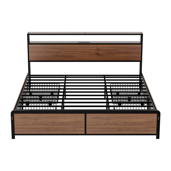 Artiss Metal Bed Frame King Size With 2 Tier Storage Headboard Metal Platform With 4 Storage Drawers Built In Charging Station & Led Noise Free/Metal