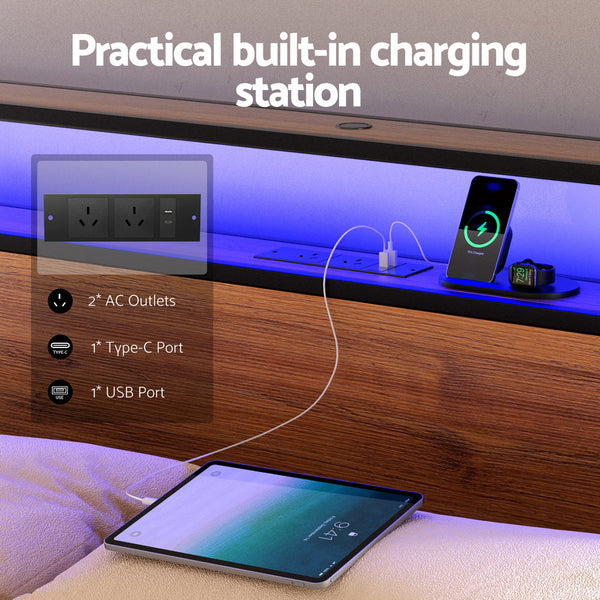 Artiss Metal Bed Frame King Size With 2 Tier Storage Headboard Metal Platform With 4 Storage Drawers Built In Charging Station & Led Noise Free/Metal