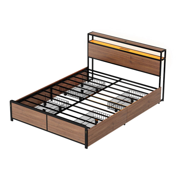 Artiss Metal Bed Frame King Size With 2 Tier Storage Headboard Metal Platform With 4 Storage Drawers Built In Charging Station & Led Noise Free/Metal
