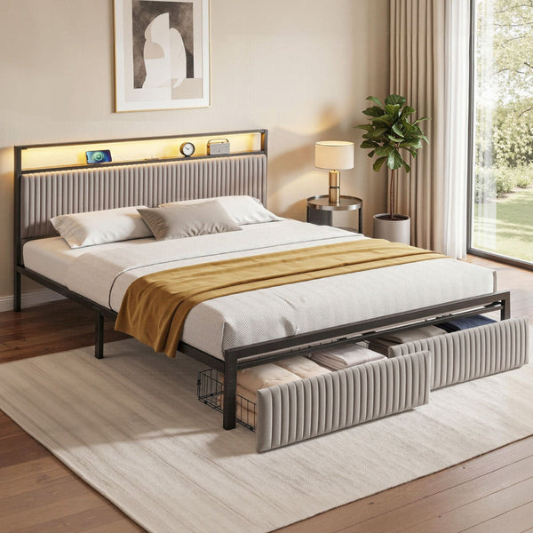 Artiss King Size Metal Bed Frame With Led & 2 Drawers Black King Bed Frames