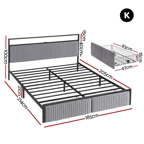 Artiss King Size Metal Bed Frame With Led & 2 Drawers Black King Bed Frames
