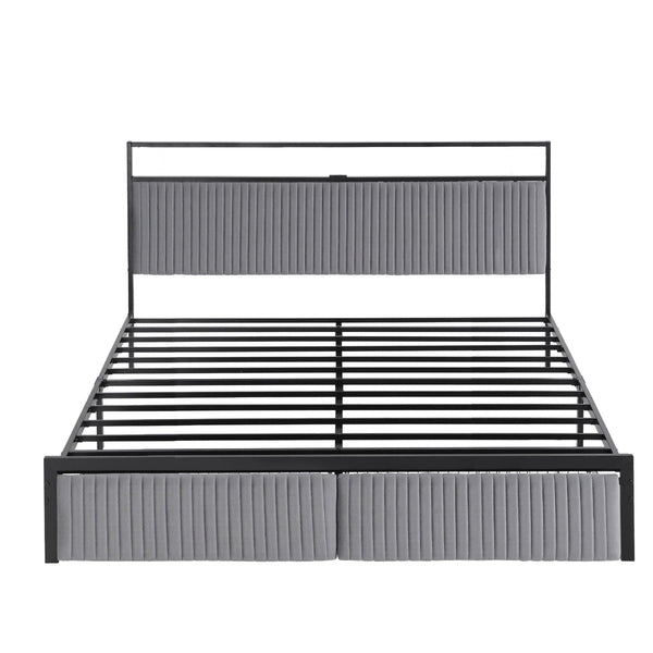 Artiss King Size Metal Bed Frame With Led & 2 Drawers Black King Bed Frames