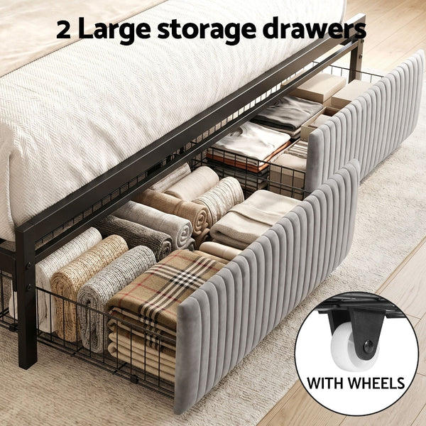 Artiss King Size Metal Bed Frame With Led & 2 Drawers Black King Bed Frames