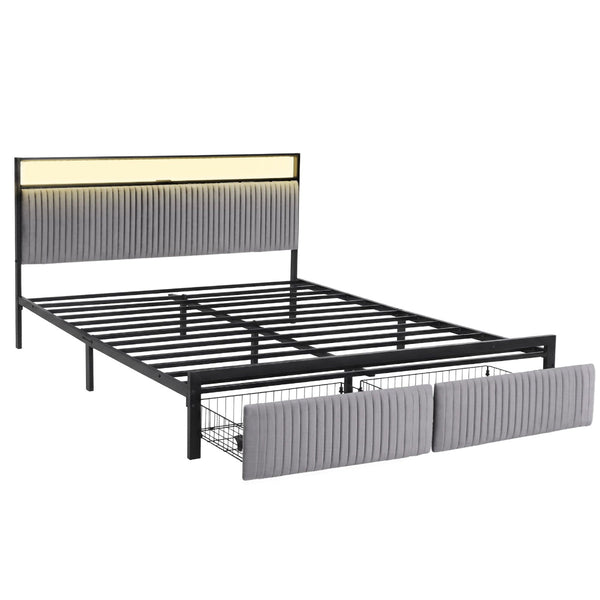 Artiss King Size Metal Bed Frame With Led & 2 Drawers Black King Bed Frames