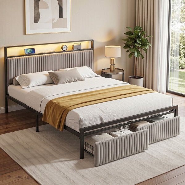 Artiss Queen Black Metal Bed Frame With Led & 2 Drawers Queen Bed Frames