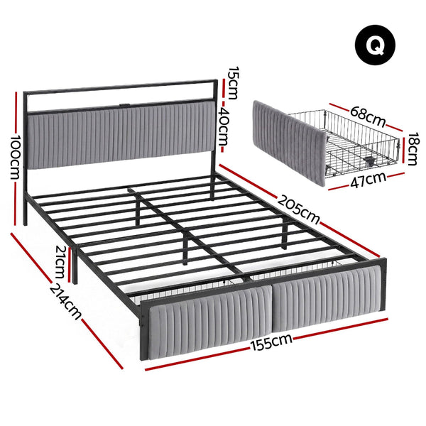 Artiss Queen Black Metal Bed Frame With Led & 2 Drawers Queen Bed Frames