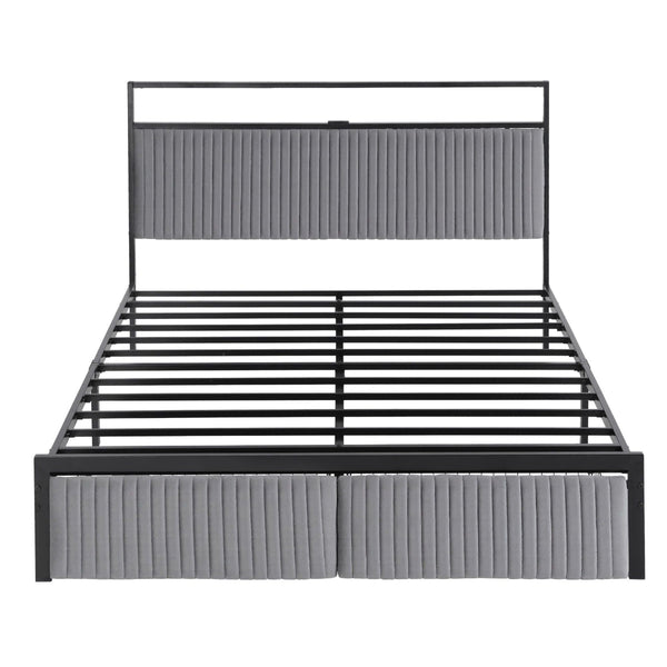Artiss Queen Black Metal Bed Frame With Led & 2 Drawers Queen Bed Frames