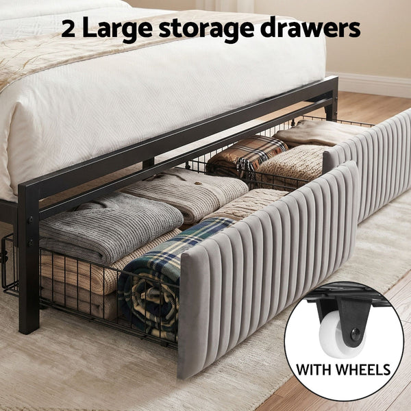 Artiss Queen Black Metal Bed Frame With Led & 2 Drawers Queen Bed Frames