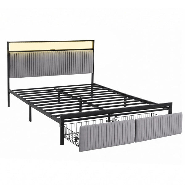 Artiss Queen Black Metal Bed Frame With Led & 2 Drawers Queen Bed Frames