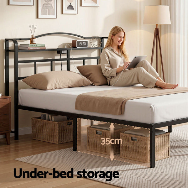 Artiss Double Bed Frame With Charging Station & Storage Black Double Bed Frames