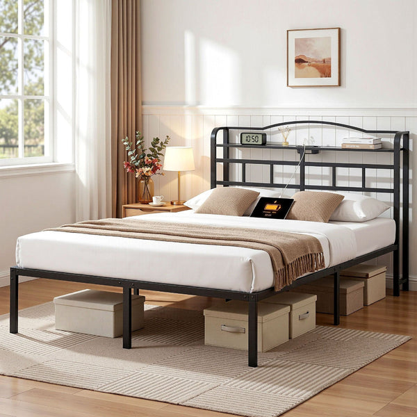 Artiss Queen Bed Frame With Charging Station Wave Black Queen Bed Frames