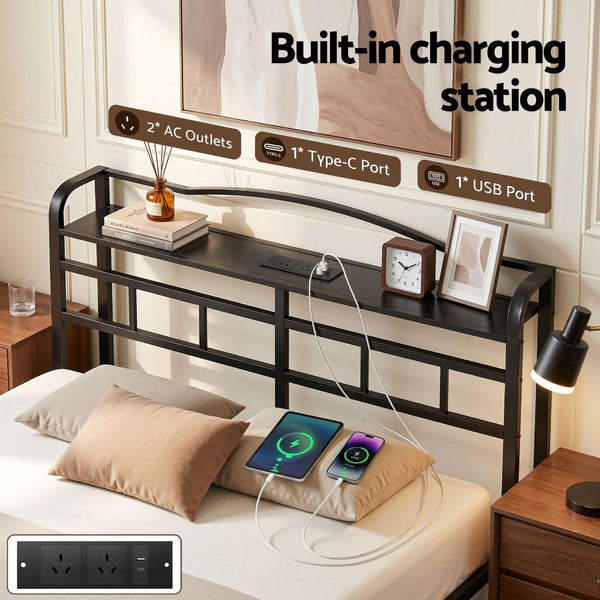Artiss Queen Bed Frame With Charging Station Wave Black Queen Bed Frames