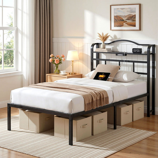 Artiss Single Bed Frame With Charging Station And Storage Black Single Bed Frames