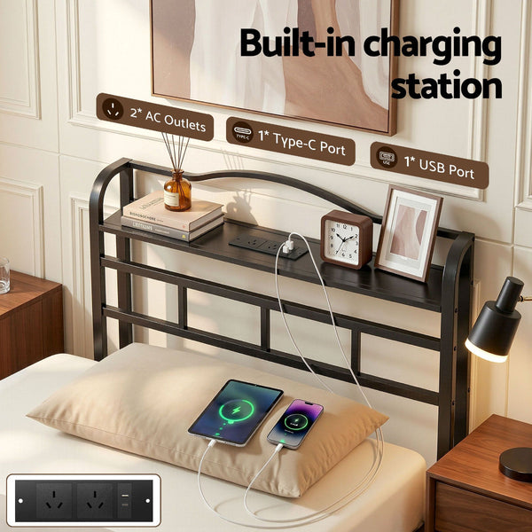 Artiss Single Bed Frame With Charging Station And Storage Black Single Bed Frames