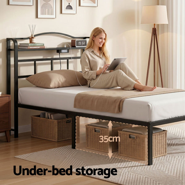 Artiss Single Bed Frame With Charging Station And Storage Black Single Bed Frames