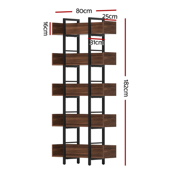 E1 Particle Board And Metal 5 Tier Bookshelf Walnut Furniture Storage Rack Kids Bookshelves