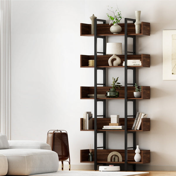 E1 Particle Board And Metal 5 Tier Bookshelf Walnut Furniture Storage Rack Kids Bookshelves