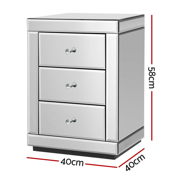 Artiss Bedside Table 3 Drawers Mirrored Presia Silver Bedside Tables