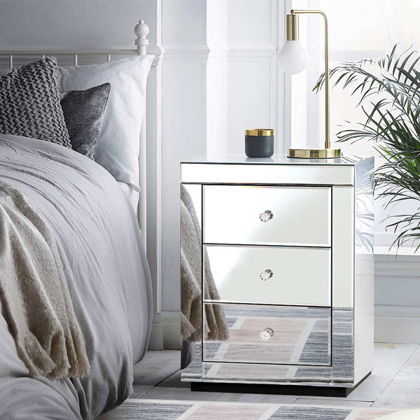 Artiss Bedside Table 3 Drawers Mirrored Presia Silver Bedside Tables