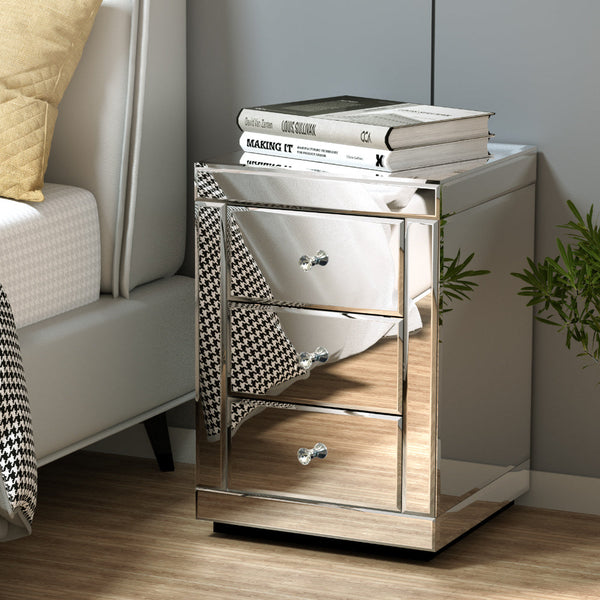 Artiss Bedside Table 3 Drawers Mirrored Presia Silver Bedside Tables