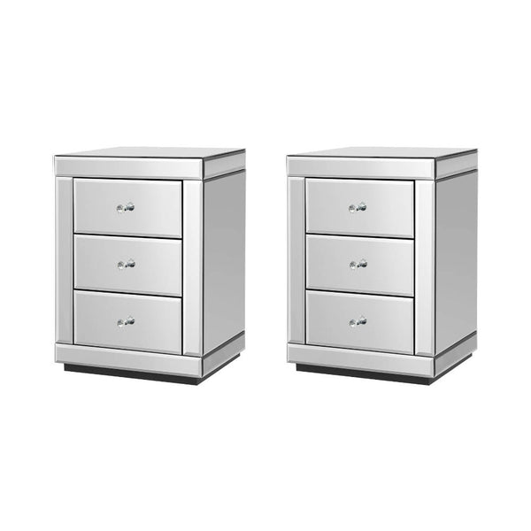 Artiss Set Of 2 Bedside Table 3 Drawers Mirrored Glass Presia Silver Bedside Tables