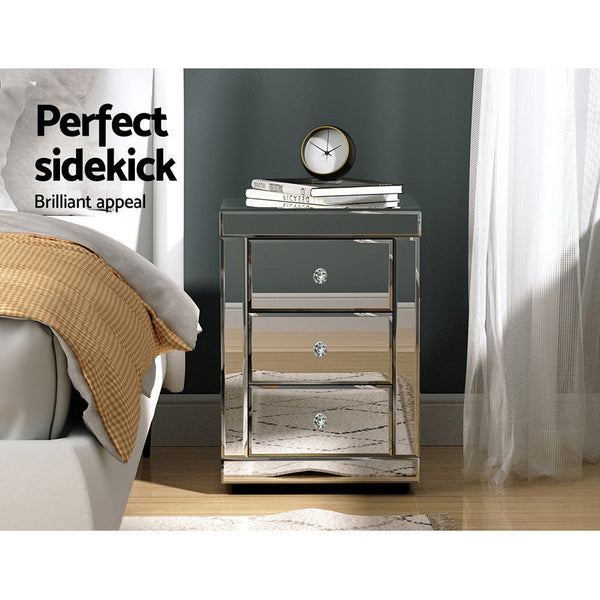 Artiss Set Of 2 Bedside Table 3 Drawers Mirrored Glass Presia Silver Bedside Tables