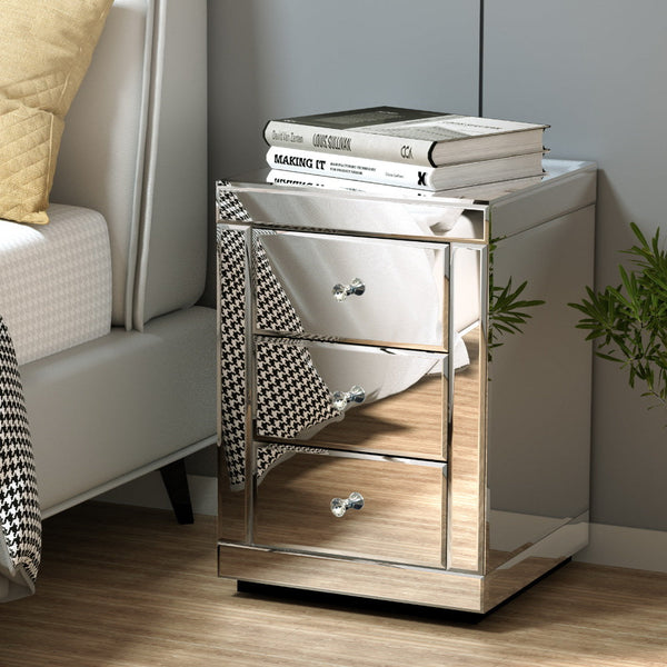 Artiss Set Of 2 Bedside Table 3 Drawers Mirrored Glass Presia Silver Bedside Tables
