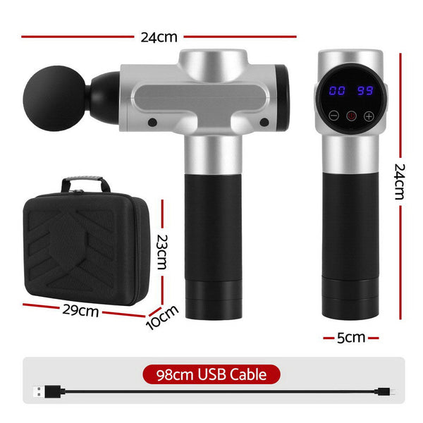 Everfit Massage Gun 30 Speed 6 Heads Vibration Muscle Massager Chargeable Silver Massagers