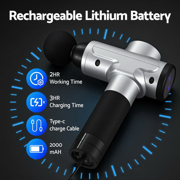 Everfit Massage Gun 30 Speed 6 Heads Vibration Muscle Massager Chargeable Silver Massagers