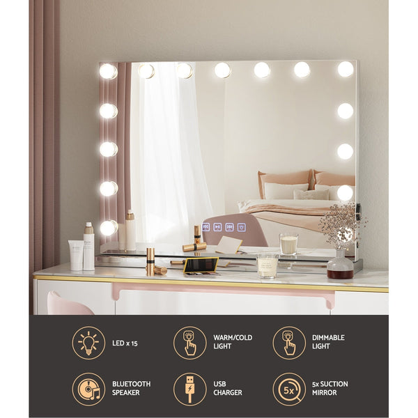 Embellir Bluetooth Makeup Mirror 58X46cm Hollywood Vanity With Led Light Wall Makeup Mirrors