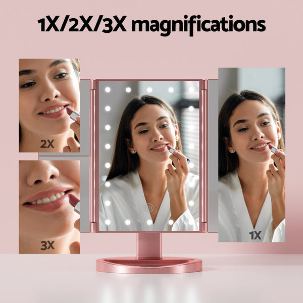 Embellir Tri Fold Makeup Mirror 1X2x3x Magnifying With Led Light Travel Portable Pink Makeup Mirrors