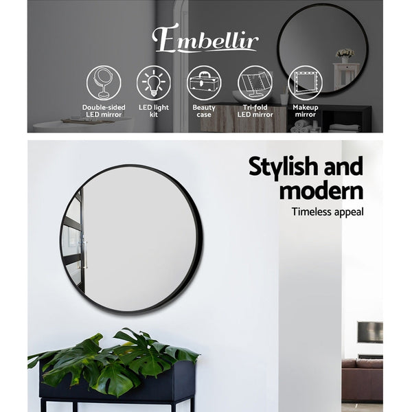 Embellir Wall Mirror Makeup 50Cm Home Decor Framed Mirrors Bathroom Round Black Makeup Mirrors