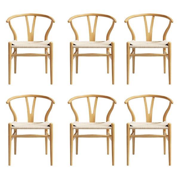 Artiss Of 6 Wooden Rattan Seat Wishbone Back Dining Chairs