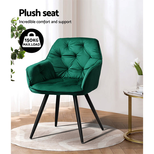 Artiss Set Of 2 Velvet Diamond Tufted Armchair Green Dining Chairs