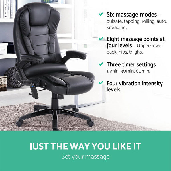 Artiss 8 Point Massage Office Chair Heated Seat Recliner Pu Black Massage Tables & Chairs