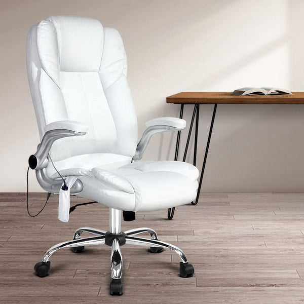 Artiss 8 Point Massage Office Chair Pu Leather White Massage Tables & Chairs