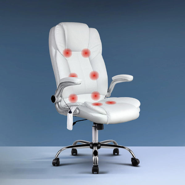 Artiss 8 Point Massage Office Chair Pu Leather White Massage Tables & Chairs