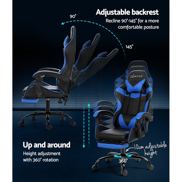 Artiss 2 Point Massage Gaming Office Chair Footrest Blue Office Chairs