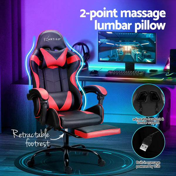 Artiss 2 Point Massage Gaming Office Chair Footrest Red Office Chairs